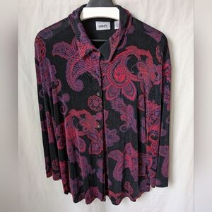 Chicos Travelers 3 XL 16 Top Shirt Button Up Paisley Liquid Knit Stretch Collar